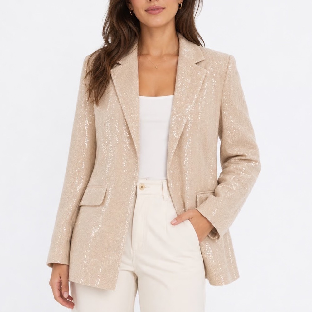 A New Day Womens Sequin Blazer Champagne Beige Long Sleeve Jacket Size M NWT - Picture 1 of 6